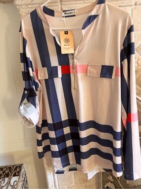 Moyabo Navy & Pink Stripe Zip Front Women’s Top